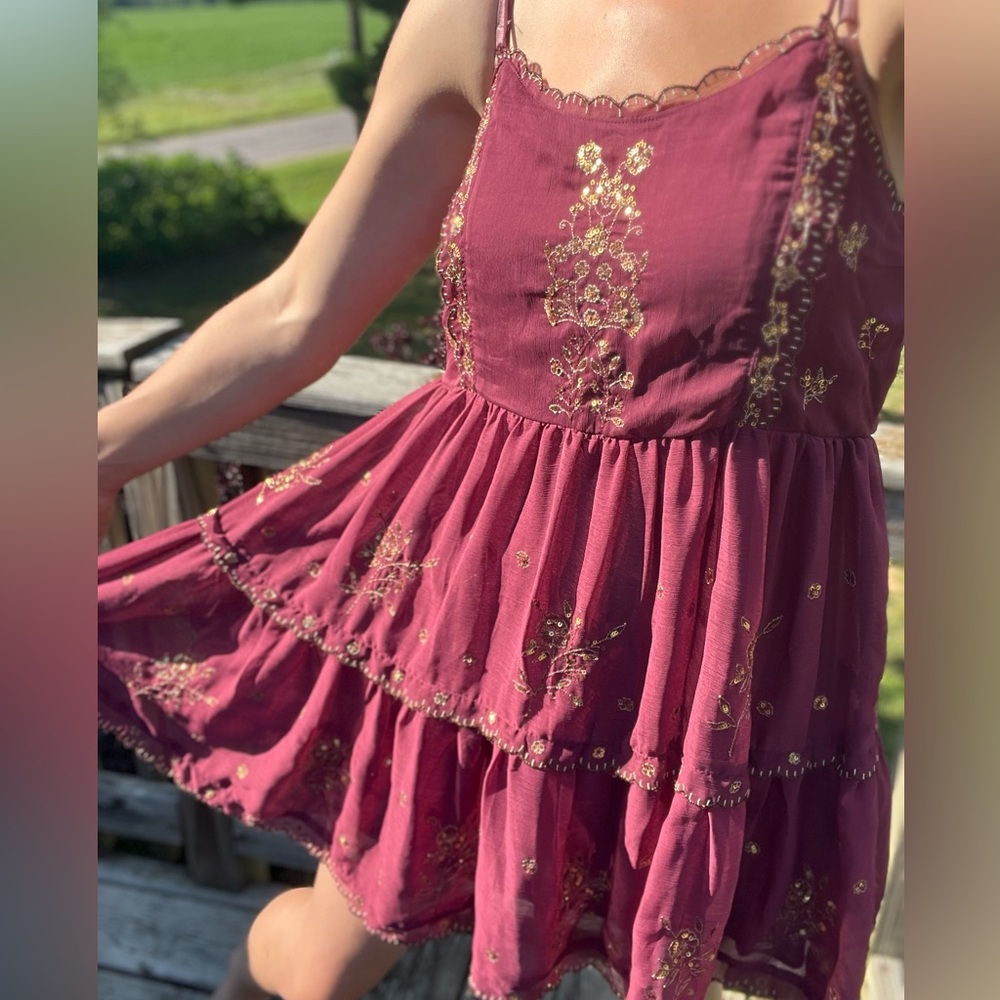 UO Urban Outfitters Burgundy and Gold Embroidered Sequin Mini Dress